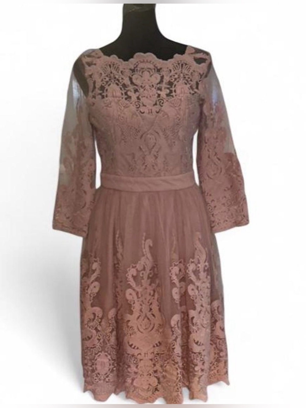 Floral Lace Embroidered Lined Boat Neck A-Line Knee Dress M